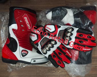 Ducati Corse Racing Gear Combo - Leather Motorcycle Boots & Gloves Set - Red, White and Black