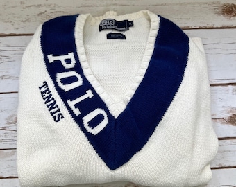 VTG Polo Ralph Lauren Tennis Sweater Cream Navy Blue V-Neck Cotton XL