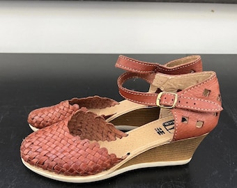 Woven Brown Leather Wedge Sandals with Cutouts - Size 26