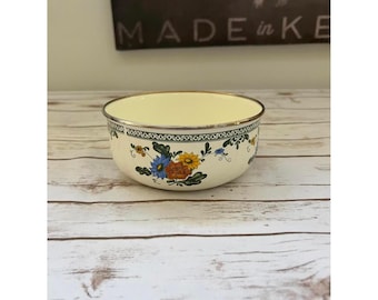 Vintage Kensington Enamelware Floral Ceramic Bowl with Silver Trim