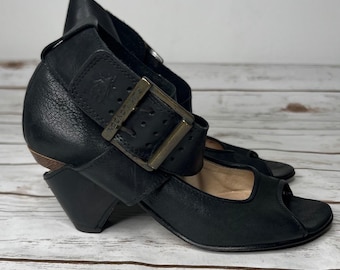Fly London Peep Toe Heels Black Leather Buckle Ankle Strap Wood Cutout Heel 38