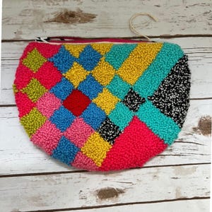 Handmade Clutch Multi-color Punch Needle Tufted Checkered Large OS