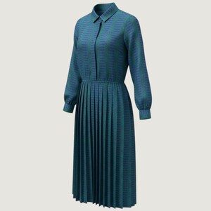 May include: A long-sleeved midi dress in a deep teal and blue color palette, featuring a vertical striped pattern throughout. The garment has a collared neckline, a button-down front placket, and a skirt with sharp, vertical knife pleats.