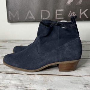 May include: A pair of navy blue ankle boots with a low, stacked heel. The boots are made of suede and have a zipper closure. The boots are approximately 6 inches tall.