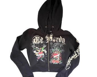 Ed Hardy Women's Black Zip-Up Hoodie with Graphic Print, Size M
