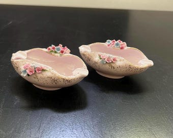 Vintage 1970's Pair of Pink Flowered with Rhinestones Lefton Ashtrays