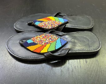 Beaded Leather Sandals from Mexico - 39 (8.5)
