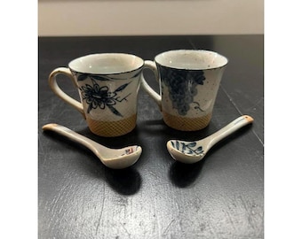 Vintage Japanese Stonewear Set of Mugs and Spoons