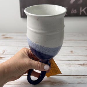 Kings Potteries Grog Horn Drinking Vessel Blue White Speckled Vintage 8.5in