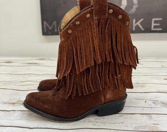 Shyanne Girls' Fringe Snip Toe Western Brown Suede Boots for Little Girls - sz10
