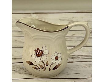 Vintage Cumberland Stoneware Creamer Marshmallow Japan Brown Floral Pitcher