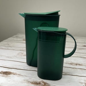 Vintage Tupperware Set of 2 (6" and 8") Hunter Green Plastic Pitchers