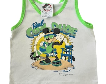 Vintage Disney Tank Top White Neon Green Mickey Mouse Real Cool Dude 2T