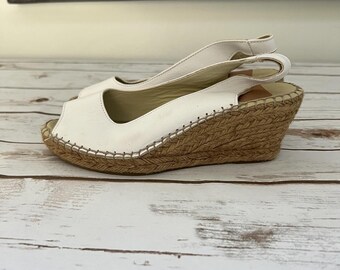 White Leather Espadrille Wedges – Slingback, Woven Jute Heel (Made in Spain)