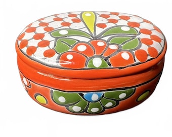 Talavera-Style Ceramic Box w/Talavera Flowers Swab Jar in