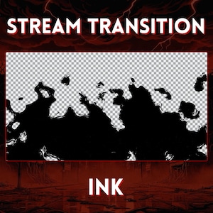 Puede incluir: Gráfico digital con las palabras "STREAM TRANSITION" en blanco, encima de un rectángulo transparente con manchas de tinta negra. La palabra "INK" está en la parte inferior. El fondo es un diseño rojo oscuro y tormentoso.