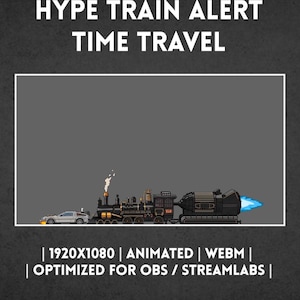 Peut inclure: Un graphique numérique avec le texte HYPE TRAIN ALERT TIME TRAVEL au-dessus d'un cadre rectangulaire contenant une locomotive à vapeur en pixel art tirant une voiture de sport argentée et un réacteur avec des flammes bleues. Le texte en bas indique 1920X1080 | ANIMATED | WEBM | OPTIMIZED FOR OBS / STREAMLABS.
