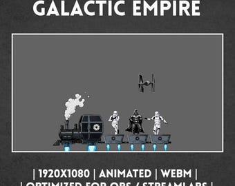 Może przedstawiać: Grafika cyfrowa z tekstem HYPE TRAIN ALERT GALACTIC EMPIRE oraz 1920X1080 | ANIMATED | WEBM | OPTIMIZED FOR OBS / STREAMLABS. Czarny pociąg z silnikiem myśliwca TIE przewozi Dartha Vadera i dwóch szturmowców.