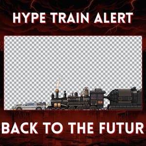 Peut inclure: Illustration d'un train à vapeur noir et d'une voiture DeLorean argentée, avec le texte "HYPE TRAIN ALERT" et "BACK TO THE FUTUR" en lettres blanches sur fond rouge. Le train a des détails dorés et une cheminée.