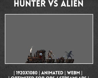 Może przedstawiać: Cyfrowa nakładka graficzna z tekstem HYPE TRAIN ALERT HUNTER VS ALIEN. Poniżej pociąg parowy w stylu pixel art ciągnie trzy wagony z postacią łowcy i obcym stworzeniem. Dolny tekst brzmi 1920X1080 | ANIMATED | WEBM | OPTIMIZED FOR OBS / STREAMLABS.