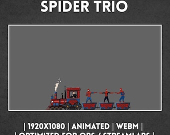 Może przedstawiać: Cyfrowa grafika zatytułowana HYPE TRAIN ALERT SPIDER TRIO przedstawiająca czerwono-niebieską lokomotywę parową ciągnącą trzy wagony, z których każdy zawiera postać Spider-Mana wskazującą na siebie nawzajem. Tekst: 1920X1080, ANIMATED, WEBM, OPTIMIZED FOR OBS / STREAMLABS.