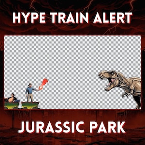 May include: A digital illustration with the text "HYPE TRAIN ALERT" and "JURASSIC PARK". The image features a T-Rex, a train with two people, and a person holding a flare. The background is a red and black design.