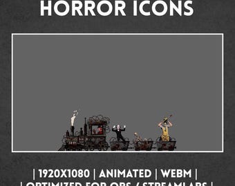 Może przedstawiać: Cyfrowa grafika zatytułowana HYPE TRAIN ALERT HORROR ICONS przedstawiająca ciemny pociąg z trzema wagonami towarowymi przewożącymi postacie z horrorów. Pod pociągiem znajduje się tekst 1920X1080 | ANIMATED | WEBM | OPTIMIZED FOR OBS / STREAMLABS. Ciemnoszare tło.
