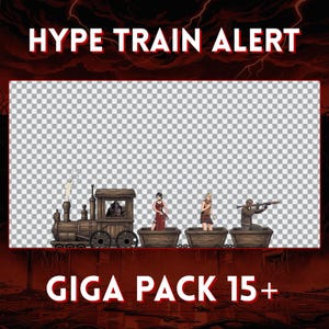 Peut inclure: Illustration d'un train vintage avec trois wagons. Les wagons contiennent trois personnages, chacun tenant une arme. Le texte "HYPE TRAIN ALERT" et "GIGA PACK 15+" est affiché en rouge et blanc.