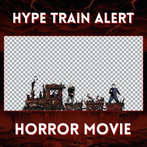 May include: A promotional image with the text "HYPE TRAIN ALERT" and "HORROR MOVIE" in white letters with a red outline. The image features a train with horror movie characters.