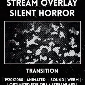 Puede incluir: Una superposición de transmisión digital titulada Silent Horror que presenta un patrón de cerca de malla negra y blanca con texturas desgastadas. El gráfico incluye el texto Stream Overlay Silent Horror Transition 1920x1080 Animated + Sound.