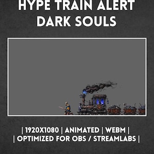 Puede incluir: Un gráfico digital con el texto HYPE TRAIN ALERT DARK SOULS y 1920X1080 | ANIMATED | WEBM | OPTIMIZED FOR OBS / STREAMLABS. La imagen central muestra una locomotora de vapor oscura de estilo fantástico tirando de vagones llenos de restos óseos.