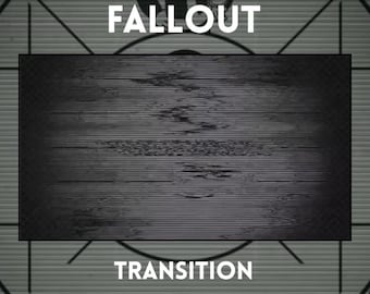 Może przedstawiać: Cyfrowa nakładka strumieniowa z motywem Fallout. Projekt zawiera tekst "STREAM OVERLAY FALLOUT" i "TRANSITION". Dodatkowy tekst to "1920X1080 | ANIMATED + SOUND | WEBM | OPTIMIZED FOR OBS / STREAMLABS". Tło ma estetykę retro.