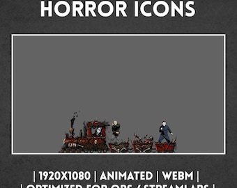 May include: A digital graphic titled HYPE TRAIN ALERT HORROR ICONS featuring a dark red steam train with skulls and horror characters in the carriages. Below the main frame, the text reads 1920X1080 | ANIMATED | WEBM | OPTIMIZED FOR OBS / STREAMLABS.