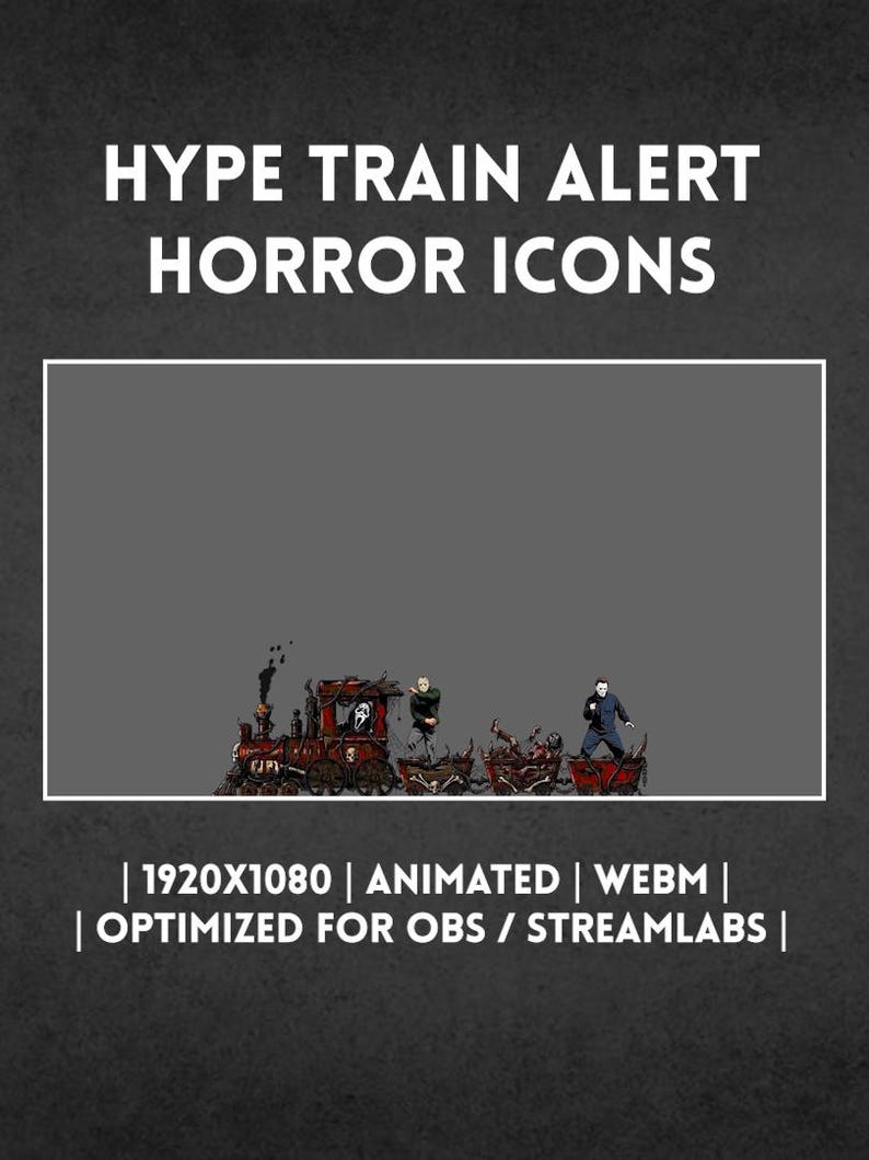 Może przedstawiać: Grafika cyfrowa zatytułowana HYPE TRAIN ALERT HORROR ICONS przedstawiająca ciemnoczerwony pociąg parowy z czaszkami i postaciami z horror&oacute;w w wagonach. Pod ramką znajduje się tekst 1920X1080 | ANIMATED | WEBM | OPTIMIZED FOR OBS / STREAMLABS.