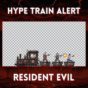 Peut inclure: Illustration numérique sur le thème de Resident Evil, avec un train et des personnages. Le texte "HYPE TRAIN ALERT" et "RESIDENT EVIL" est affiché en rouge et blanc. Les wagons de train affichent le logo Umbrella Corporation.