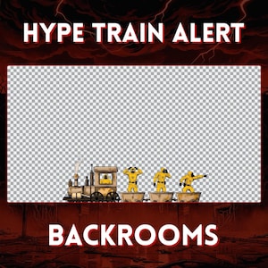 May include: A digital graphic with the text "HYPE TRAIN ALERT" and "BACKROOMS" in red and white. A train with three figures in yellow hazmat suits is in the image. The background is a dark red and black.