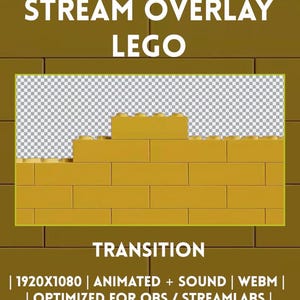 Pode incluir: Um gráfico de sobreposição de transmissão digital com um design de parede de tijolos amarelos e uma área de fundo xadrez transparente. O texto diz STREAM OVERLAY LEGO TRANSITION | 1920X1080 | ANIMATED + SOUND | WEBM | OPTIMIZED FOR OBS / STREAMLABS |.