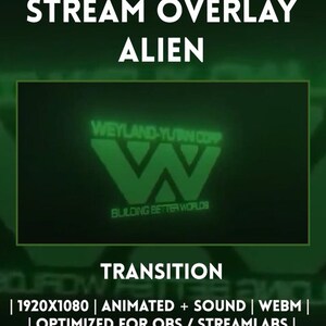 May include: A digital stream overlay transition featuring a green glowing Weyland-Yutani Corp logo with the text Building Better Worlds. The graphic is presented in a 1920x1080 resolution, formatted as a WEBM file, and includes animation and sound effects.