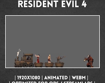 Może przedstawiać: Cyfrowa nakładka graficzna z tekstem HYPE TRAIN ALERT RESIDENT EVIL 4 na górze oraz 1920X1080 | ANIMATED | WEBM | OPTIMIZED FOR OBS / STREAMLABS na dole. Centralna ramka przedstawia pociąg z postaciami w wagonikach kopalnianych.