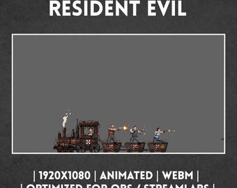 Może przedstawiać: Cyfrowa nakładka graficzna zatytułowana HYPE TRAIN ALERT RESIDENT EVIL przedstawiająca parowóz ciągnący trzy wagoniki z postaciami strzelającymi z broni. Dolny tekst brzmi 1920X1080 | ANIMATED | WEBM | OPTIMIZED FOR OBS / STREAMLABS.