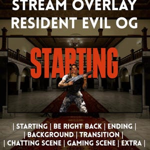 以下が含まれることがあります： ストリーミング用のデジタルオーバーレイで、白で「STREAM OVERLAY RESIDENT EVIL OG」というテキストが表示されています。「STARTING」という単語は大きな赤い文字で表示されています。「STARTING」、「BE RIGHT BACK」、「ENDING」などのオプションが下にあります。銃を持っている人が中央にいます。