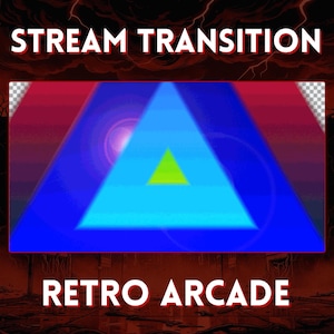 Peut inclure: Graphique numérique avec les mots "STREAM TRANSITION" et "RETRO ARCADE" en texte blanc. Le design central présente un triangle bleu avec un triangle vert à l'intérieur, sur fond rouge et noir.