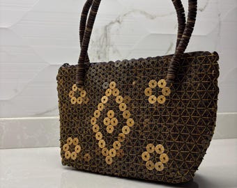 Borsa vintage con perline di legno anni '60 - Borsa tote intrecciata boho fatta a mano
