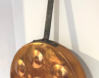 Vintage Copper Aebleskiver Pan, Wrought Iron Handle, Rustic Kitchen Decor