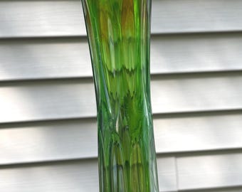 Mid-Century Green Iridescent  FENTON Carnival Art Glass Swung Vase - 12 in. Tall