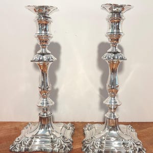 Vintage Silver Plated Rococo Candlesticks - 11.5” Tall Weighted Pair, George II Revival Shell & Scroll Design.