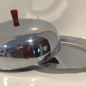 Vintage 1950's Chrome MCM Covered Dish with Red Bakelite Knob.