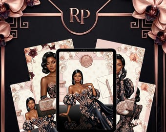Planificador A5 con panel de control digital, Black Woman Luxury Cover Couture, insertos de vitela con encuadernación de discos, paquete Obsidian Rose Vanity Suite