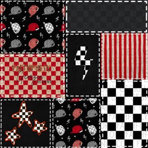 Op de afbeelding: Een patchworkontwerp met racethema's. Het ontwerp bevat geblokte vlaggen, racepetten, sterren en bliksemschichten in rood, zwart, wit en bruin. De tekst "FUNFULLY Georgia DESIGNS" is ook zichtbaar.