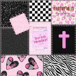 May include: A collage of various patterns and designs. Includes a black glitter texture, a black and white checkerboard, a pink leopard print with text, and a pink cross on a black background. Also features a pink guest check with the text "Just Pray Through It!"